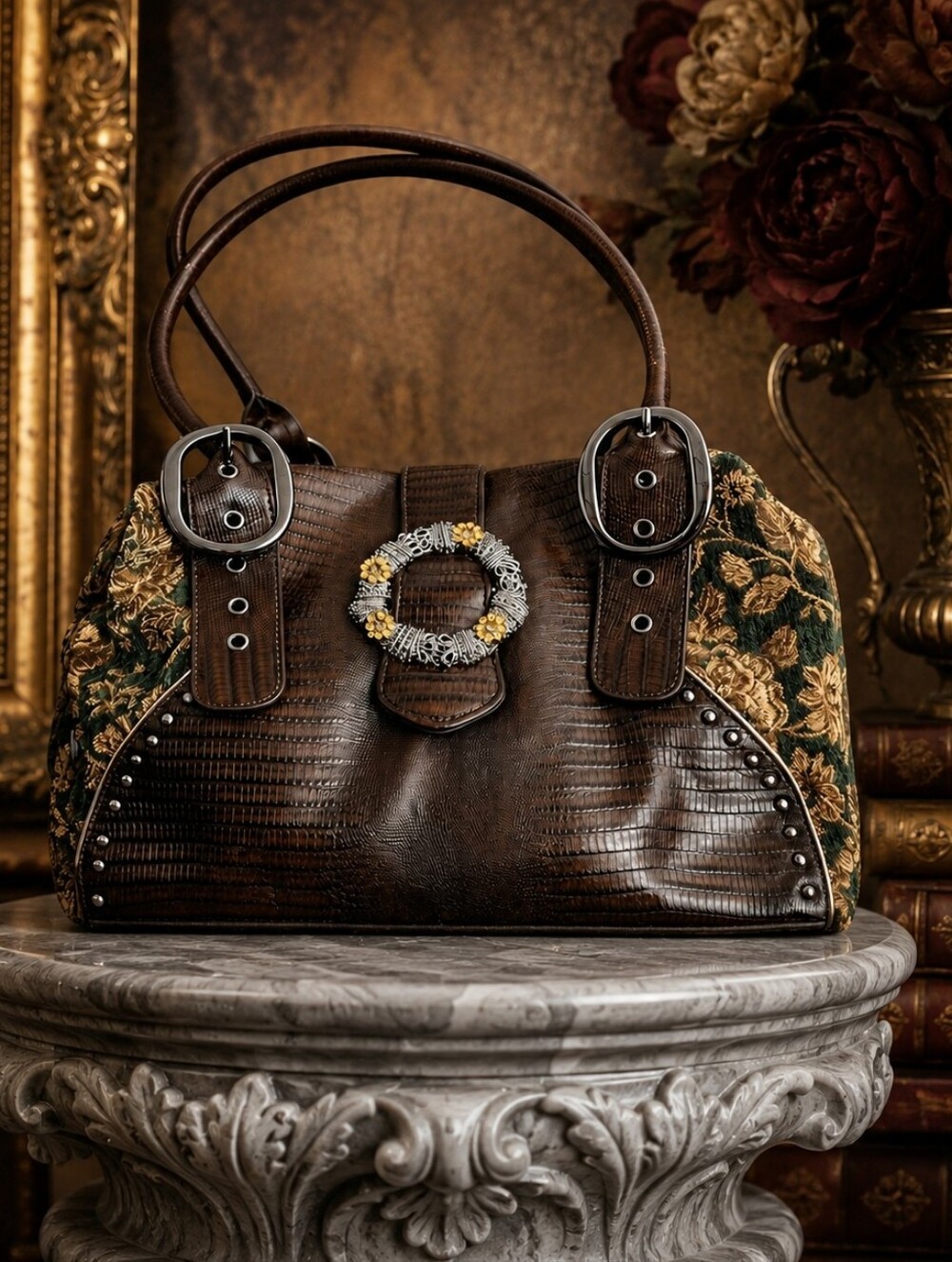 Vintage Sharif Studio Mixed‑Media Leather & Tapestry Shoulder Bag